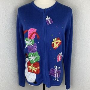 Vtg Heirloom Collectibles Snowman Christmas Sweater Women's S Blue Zip Embroider